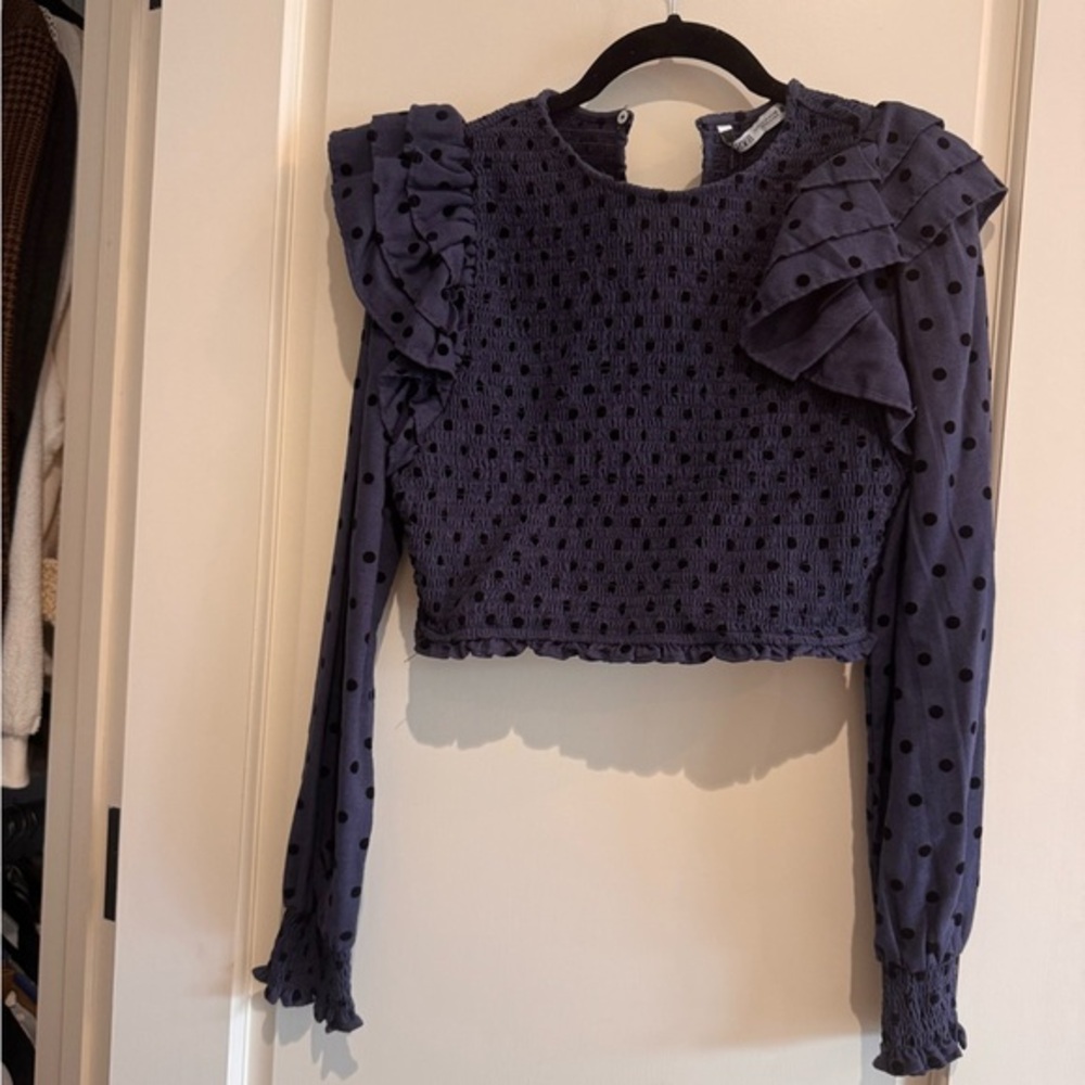 Blue Ruffled Crop Blouse